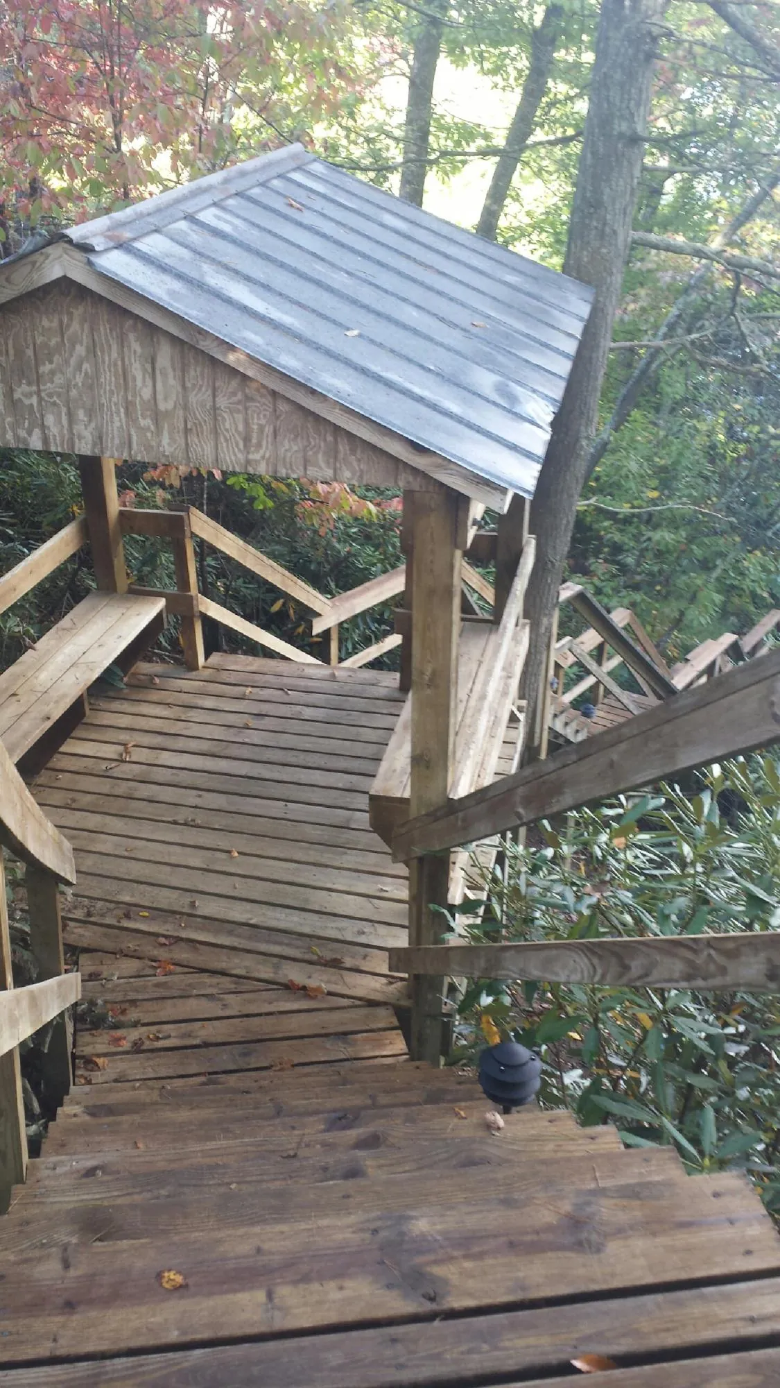 Metal roofed shelter over wooden steps on a wooded walkway — Skylight Repair & Installation work by our crew in Parma